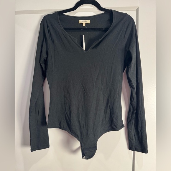 Madewell split neck Black pointelle Long Sleeve Bodysuit nwt soft stretchy - Picture 1 of 8